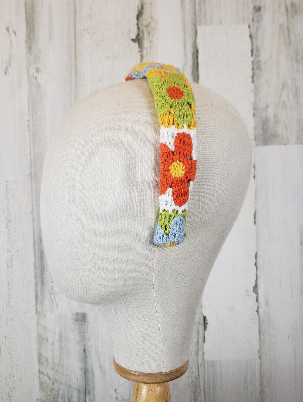 Crocheted Floral Headband in Green, Orange & Yellow